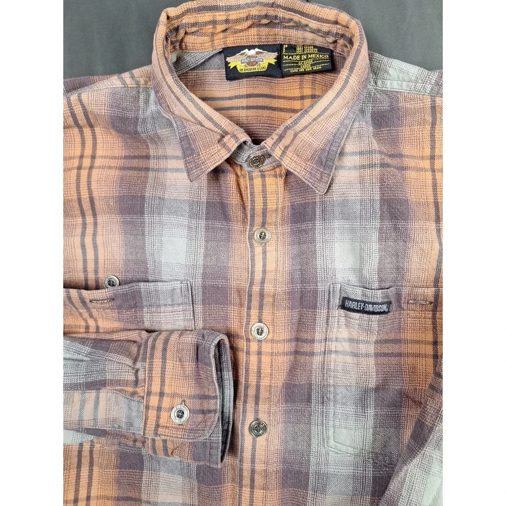 Vintage Harley Davidson Orange Flannel Shirt Mens Large Grunge Biker Y2K Read‎